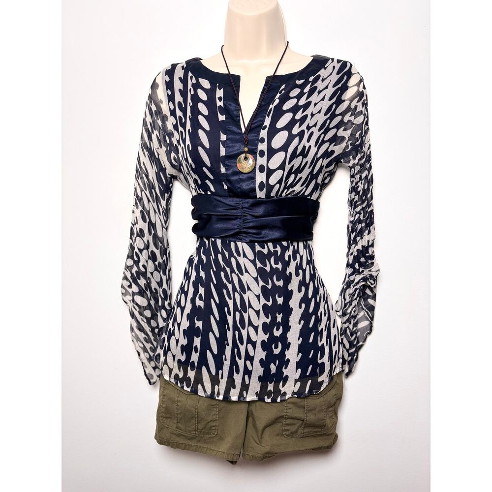 Vtg Y2K Carole Little Silk Navy Abstract Blouse Bell Sleeves Geometric Print